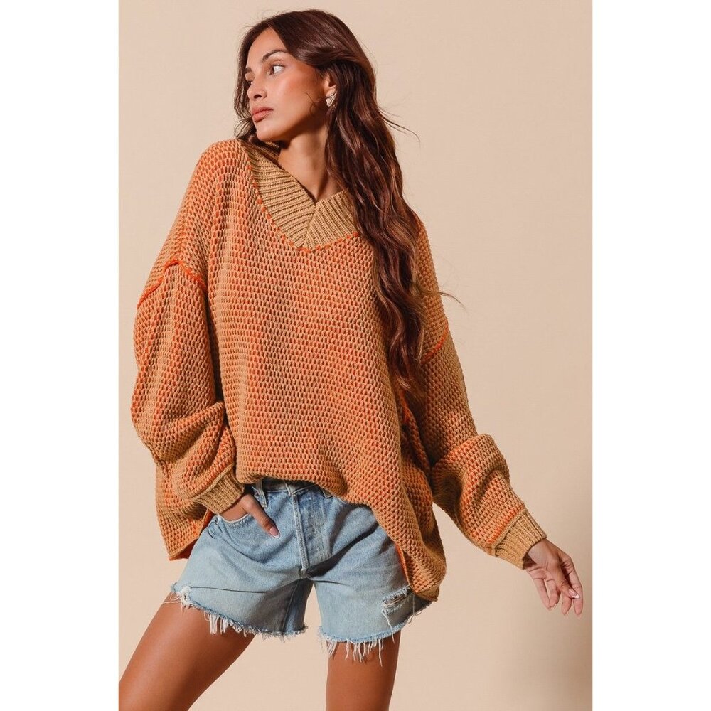 NWT Oversized Orange & Camel Knit Pullover Sweater With Collared Neckline Small - Picture 1 of 9